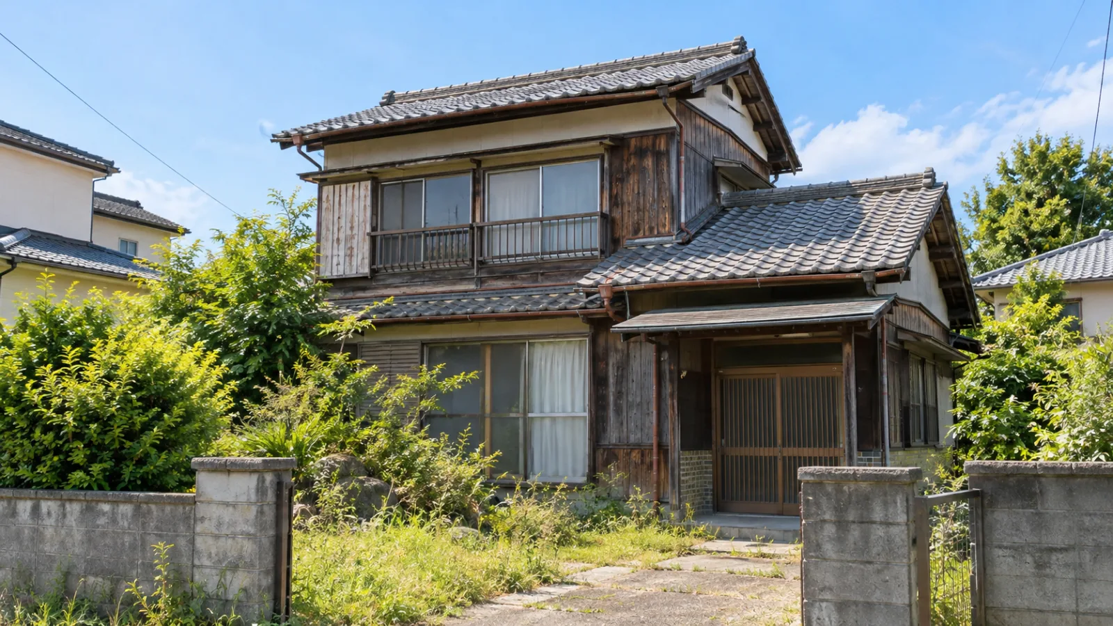 庭に草が伸びた古い木造の一戸建て