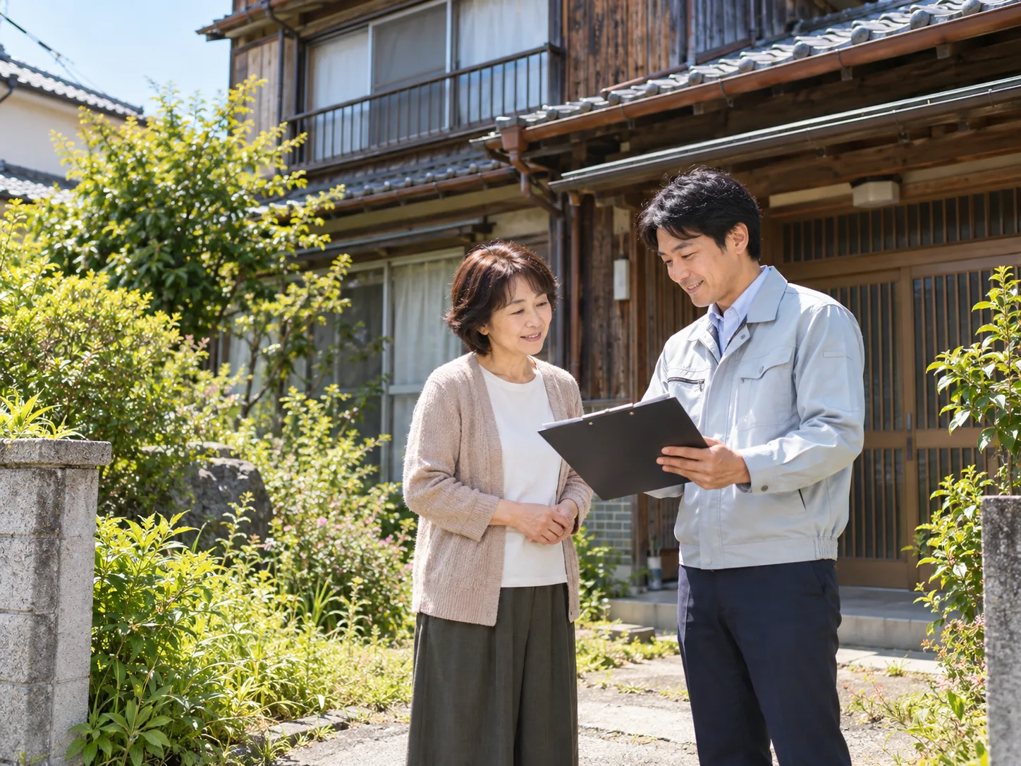 古い家の玄関前で所有者と不動産会社の担当者が話している様子